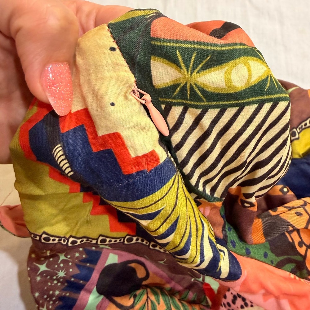 Farm Rio Dress Mixed Tropical Patchwork Midi Mystic City Beaded Tassels Orange L - Picture 8 of 10